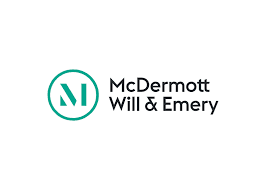 Logo of McDermott Will & Emery with green circle and stylized initials.